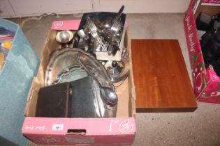 A box of miscellaneous plated salvers, cutlery, te