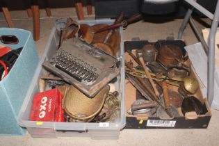 Two boxes of miscellaneous metal ware, brass and c