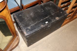 A black painted trunk and contents of small rug, l