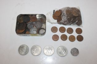 A leather wallet and tin containing various coinag