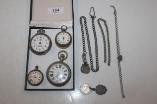 Two silver cased fob watches; two pockets watches