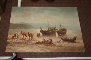 Continental school, seascape with Arabs on camels