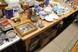 A pine dining table fitted single end drawer, rais