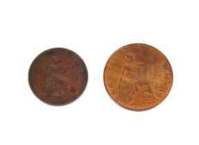 An 1839 coin and a ½pence 1902