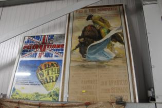 A frame and glazed bull fighting poster and anothe