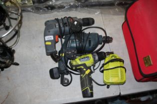 A Kinzo drill, a Black & Decker drill and a cordless Ryobi RDC1201 screwdriver with charger