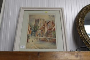 A watercolour study of a street scene initialled and dated 1912