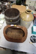 A stoneware jar; a coopered pail; and a wicker bas