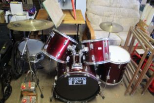 A complete drum kit comprising snare, high tom, mi