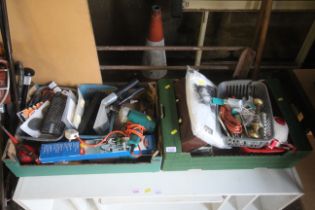 Two boxes containing a Black & Decker H4OS-H1 rotary drill, oil can, various door furniture, various