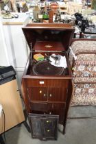 The Vokal gramophone and a twin handled wooden tra