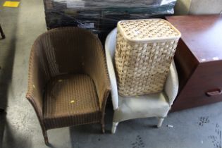 Two loom armchairs and a wicker basket