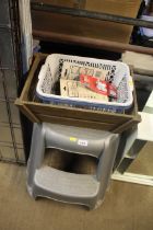 A plastic step and a wooden trug basket etc.