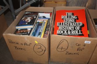 Two boxes containing various rock biographies, ref