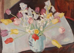 20th Century school, still life study depicting tulips in a vase, unsigned oil on canvas, 49cm x