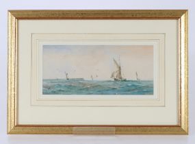 Richmond Markes, study of sailing vessels off the coast, initialled watercolour, 12cm x 27cm; and