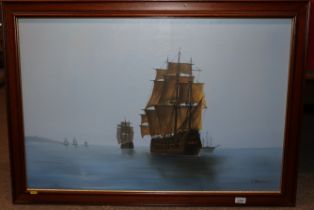 T. Benson, 20th Century oil on canvas depicting 18th Century war ships, signed, 60cm x 91cm