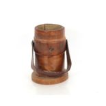 An antique leather clad shot or powder bucket, 25cm