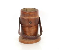 An antique leather clad shot or powder bucket, 25cm