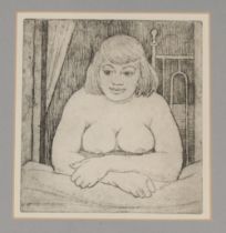 20th Century school, black and white etching of a semi-naked woman sat in bed, 21cm x 20cm