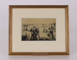 After Harry Becker, etching of field workers 15cm