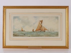 Richmond Markes, watercolour study, various sailing vessels at sea, initialled, 15.5cm x 34cm