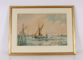 Richmond Markes, watercolour study depicting fishing vessels at sunset at low tide, 34cm x 52cm