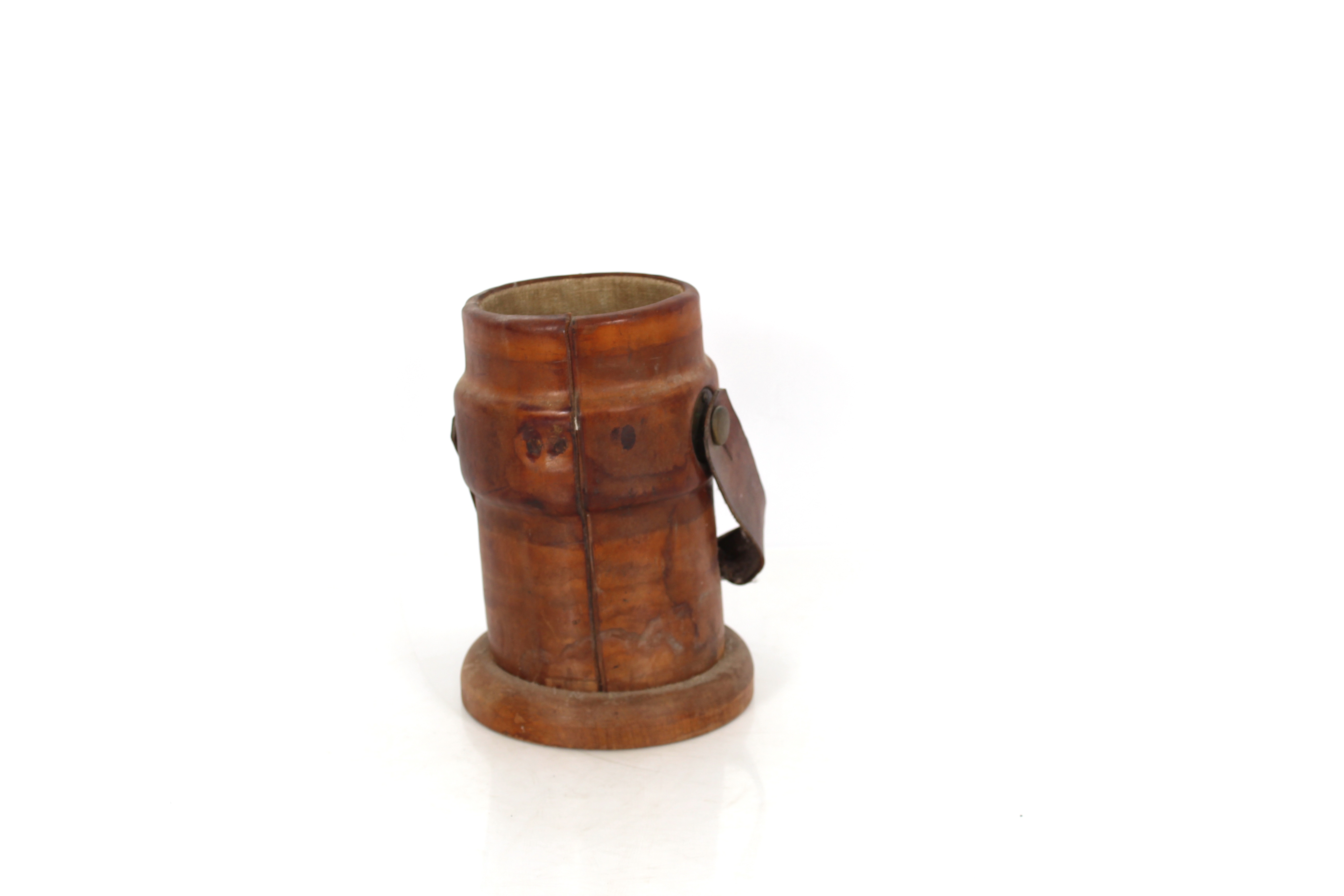 An antique leather clad shot or powder bucket, 25cm - Image 2 of 2