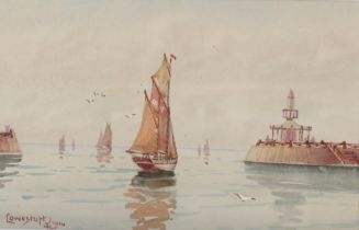 A small watercolour study, fishing vessels enterin