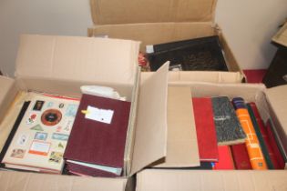 Three boxes of older stamp catalogues, album pages