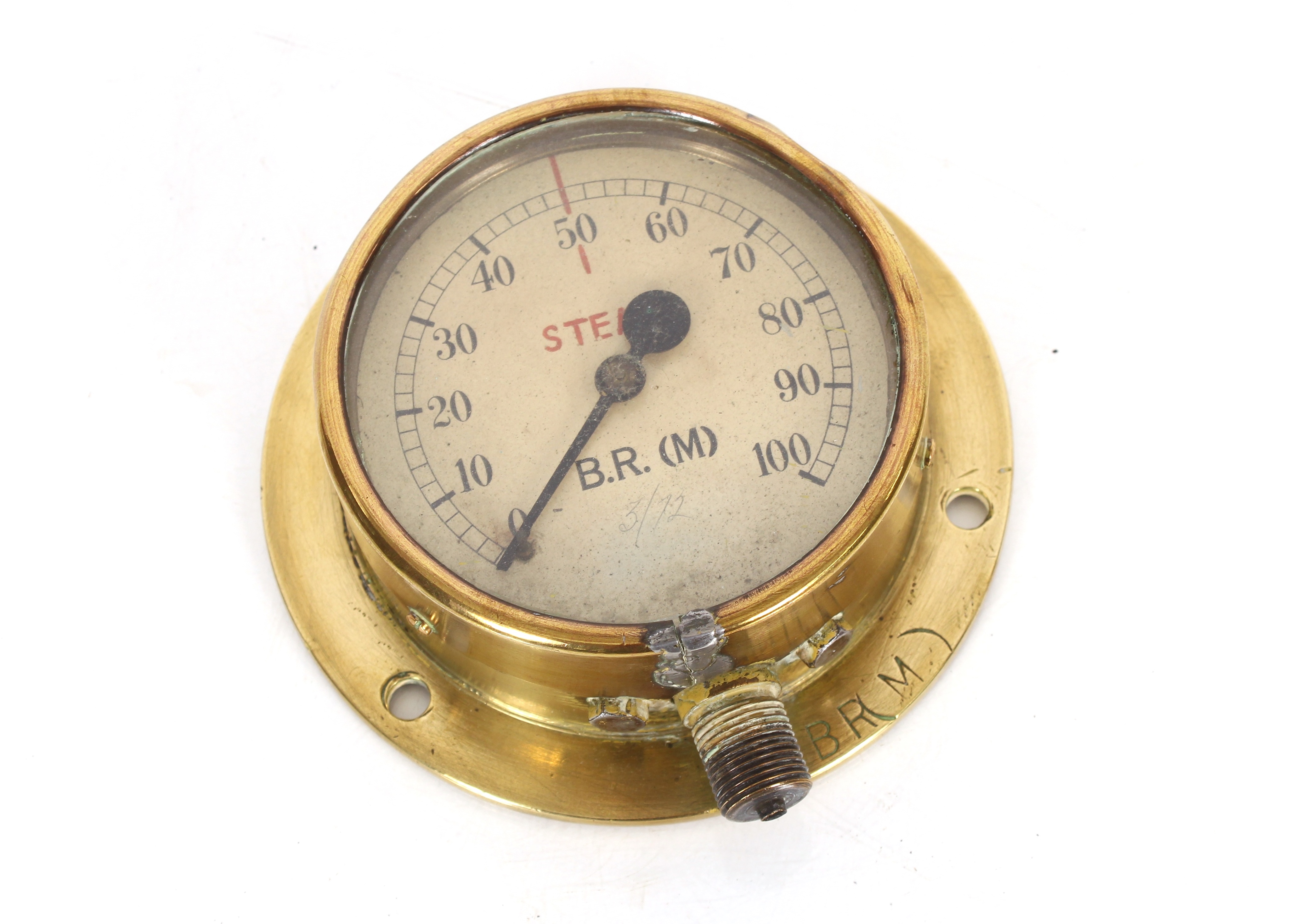 A B.R.(M) steam gauge, brass cased