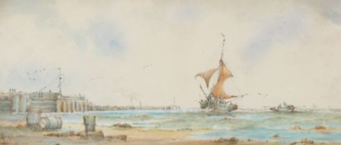 Richmond Markes, watercolour study of sailing vessels coming into a busy fishing harbour,