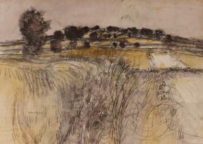 John O'Connor 1913-2004, charcoal and crayon, rural scene, signed, 54cm x 74cm