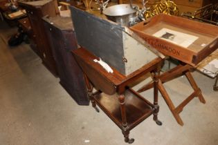 An oak drop leaf trolley together with a corner cu