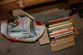 A bag and a box of various cookery books