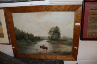 Oil on board, depicting a river scene, initialled