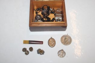 A burr wood trinket box and contents to include th