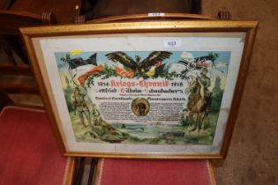 A German WWI framed soldiers service scroll