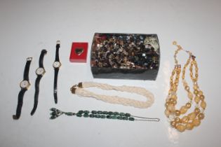 A box of costume jewellery to include bead necklac