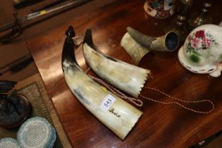 A horn hunting trophy and two horns