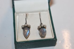 A pair of 925 silver, moon stone and pearl set ear