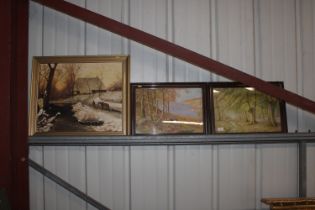 Two framed and glazed prints and an oil on board d