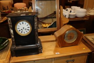 A slate and marble two hole mantel clock and a Smi