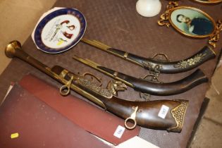 Three decorative guns and two Wood & Sons plates