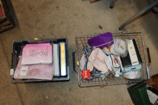 A wire basket and a plastic crate of various child