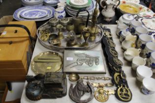 A quantity of various brassware, plated tray etc