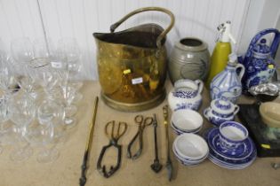 A brass coal scuttle and various brass and other f