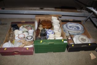 Three boxes of miscellaneous china, pottery, pewte