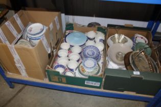 Three boxes of various tea and dinnerware etc.