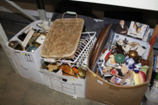 Three boxes of miscellaneous china and metal ware